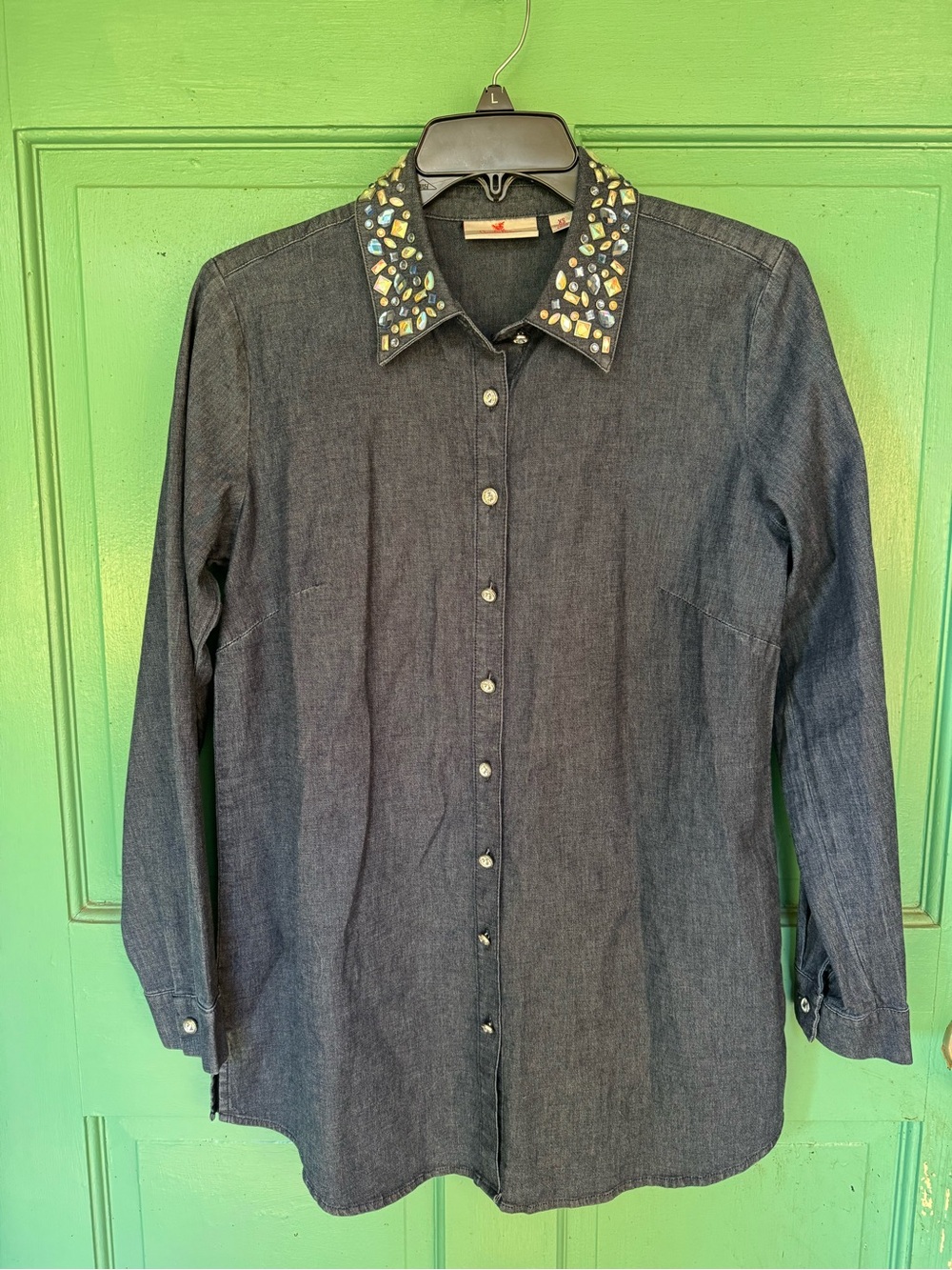 Embellished Collar Dark Denim Shirt